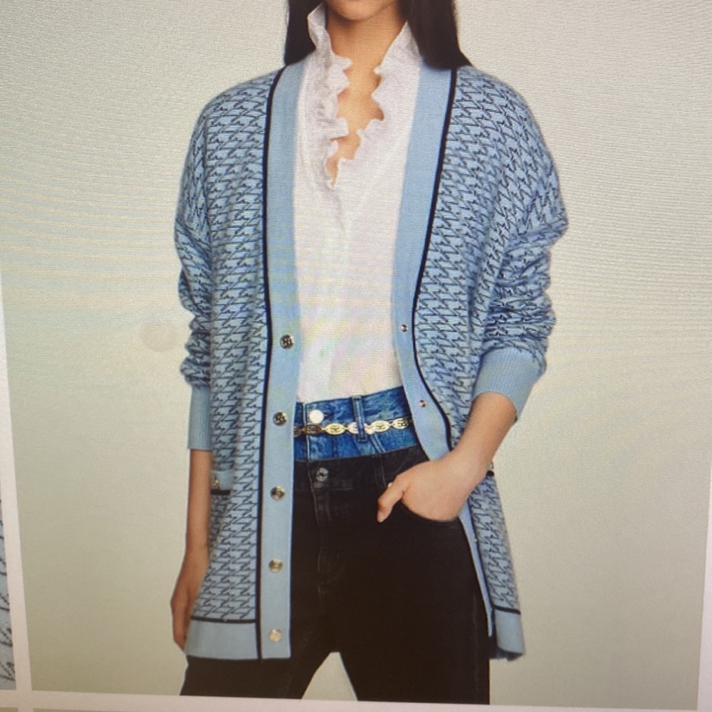 Sandro Light Blue Patterned Knit Cardigan with Black Trim - Picture 7 of 9